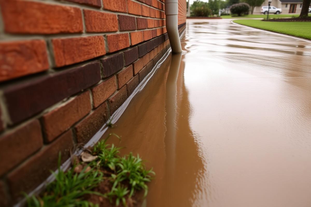 Rainwater pooling along the brick foundation of a Houston-area home after heavy rainfall