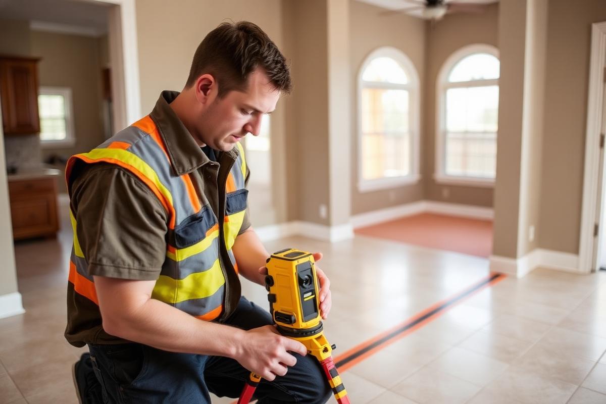 Technician taking floor elevation readings during a foundation inspection at a Houston home