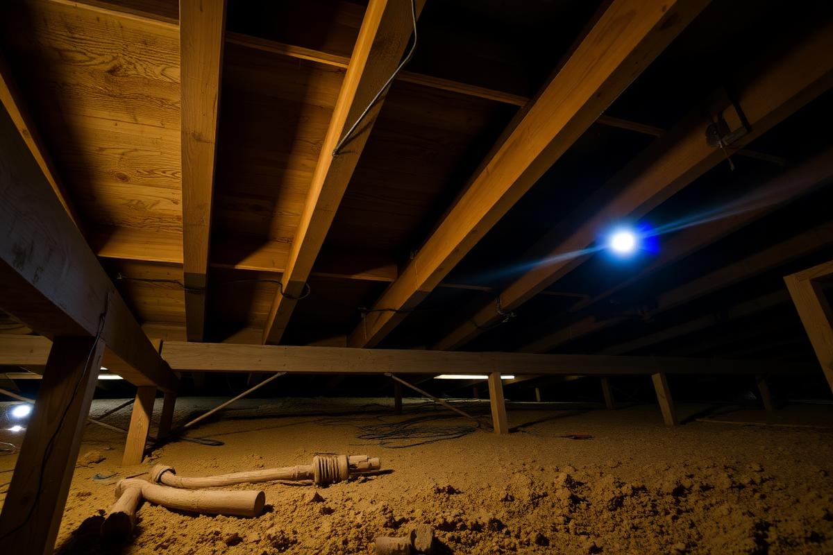 Wooden beams and supports in the crawl space beneath a pier-and-beam house