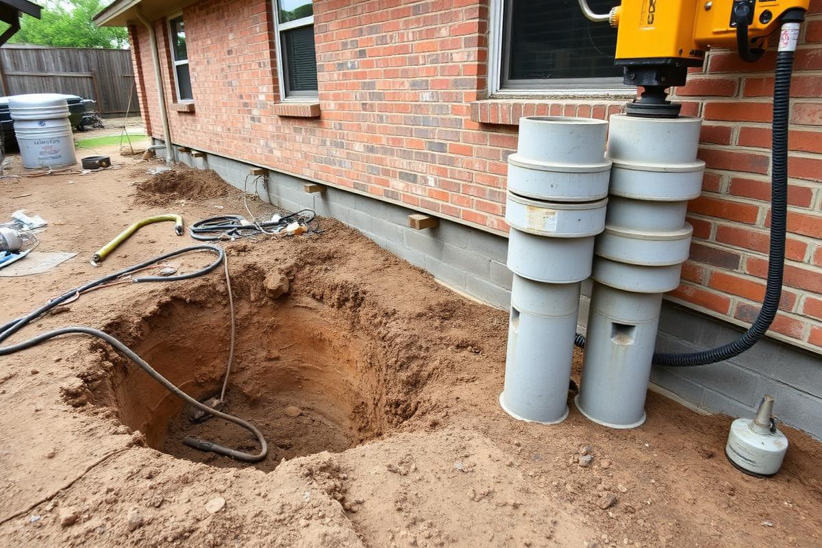 Foundation pier installation beside the slab of a Houston brick home